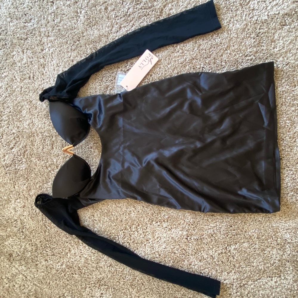 Black cutout bustier satin dress with mesh sleeves